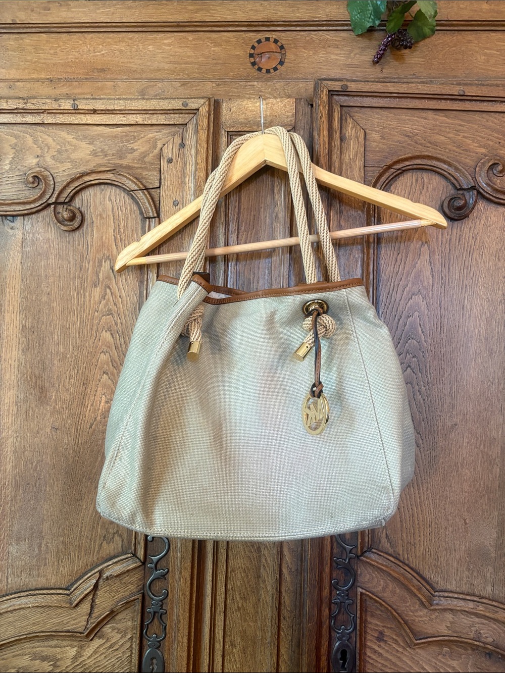 Michael Kors Isla Medium Grab Bag Satchel Shoulder Tote Bag Canvas Metallic Gold